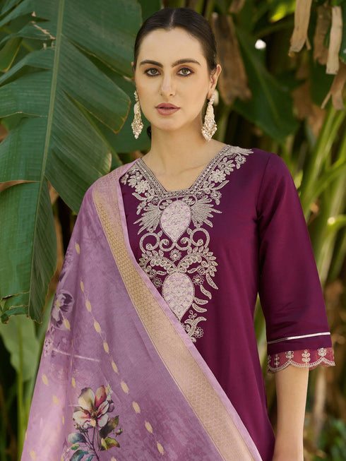 Purple Viscos Roman Silk Pant Suit 190054 Closure View